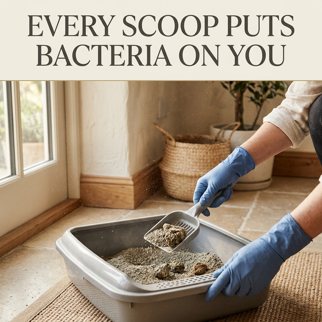 Hands in gloves scooping a traditional litter tray — Every Scoop Puts Bacteria On You