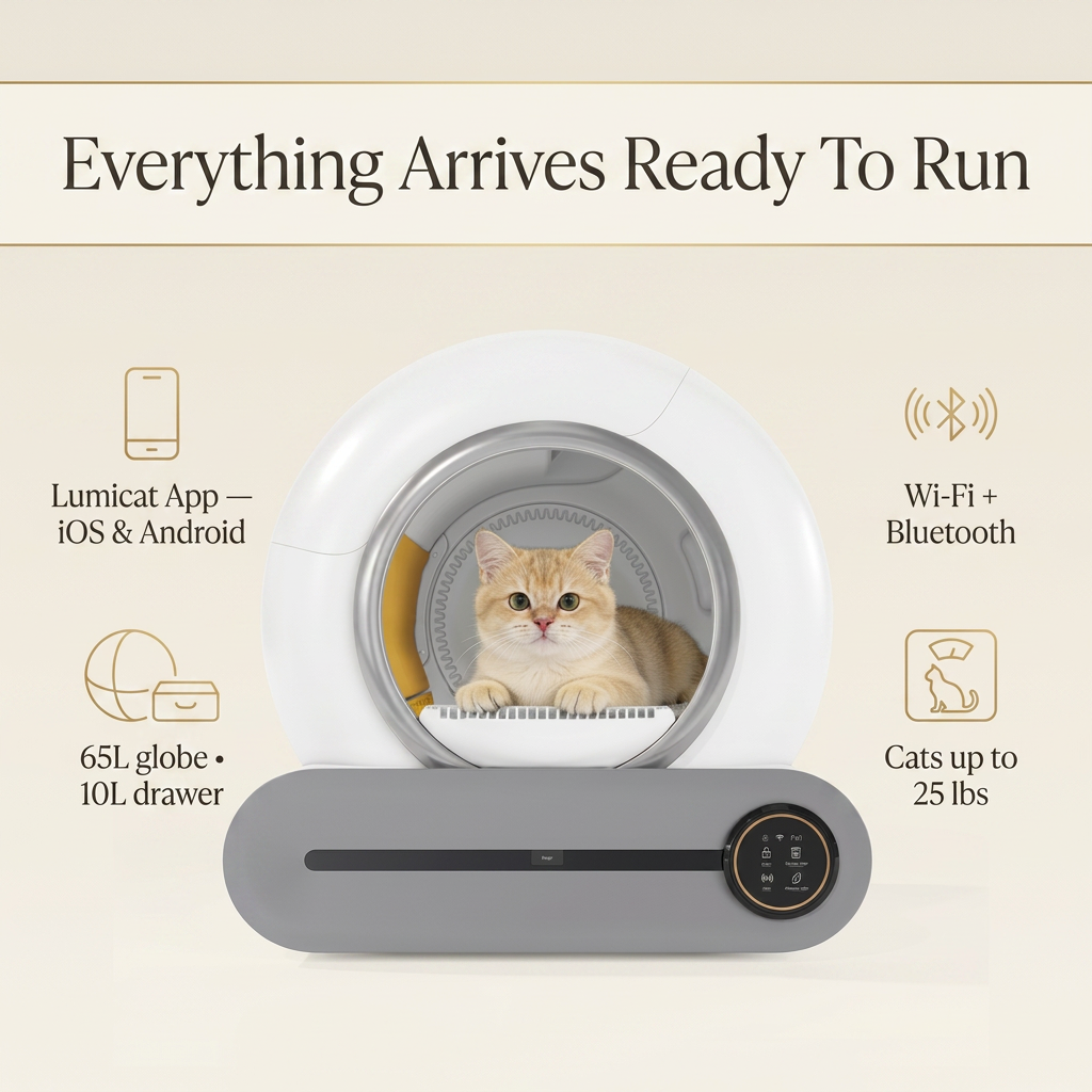 Lumi-Litter Pro with Lumicat App, Wi-Fi and Bluetooth, 65L globe, 10L drawer, cats up to 25 lbs — Everything Arrives Ready To Run