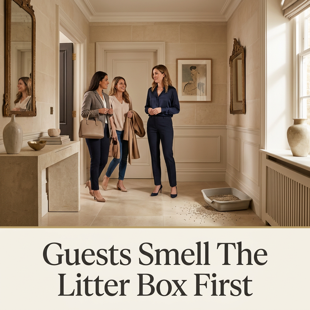Owner welcoming guests with an old open litter tray in the hallway — Guests Smell The Litter Box First