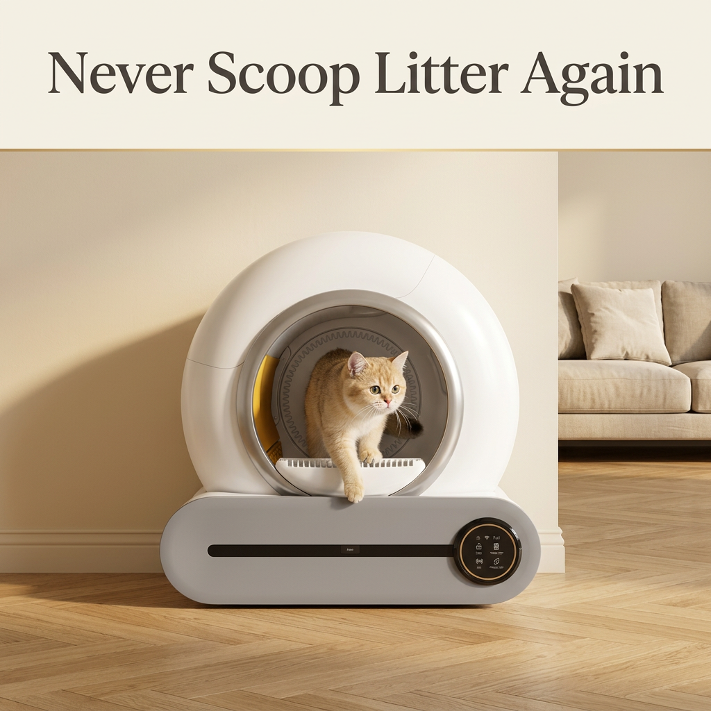 Lumi-Litter Pro self-cleaning litter box in an elegant living room, cat stepping out — Never Scoop Litter Again