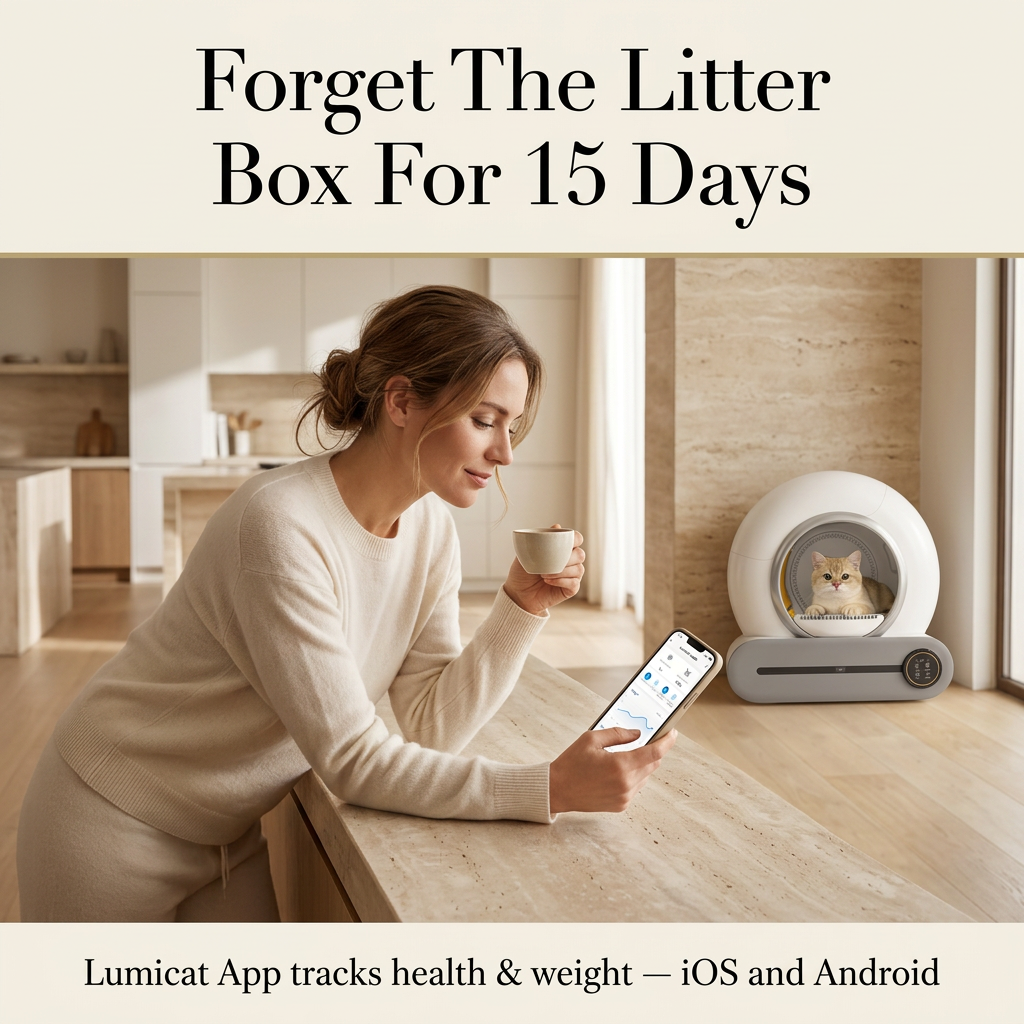 Owner checking the Lumicat App with Lumi-Litter Pro in the background — Forget The Litter Box For 15 Days