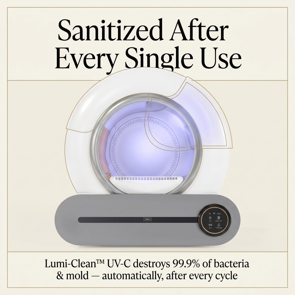 Lumi-Litter Pro cutaway showing Lumi-Clean UV-C light sanitizing the waste compartment — Sanitized After Every Single Use