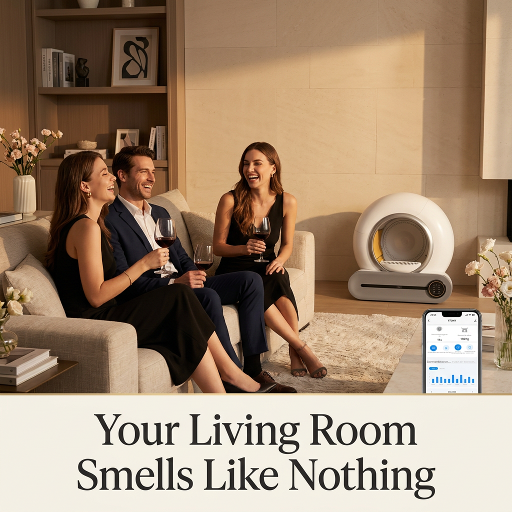 Friends relaxing in a fresh elegant living room with Lumi-Litter Pro against the wall — Your Living Room Smells Like Nothing