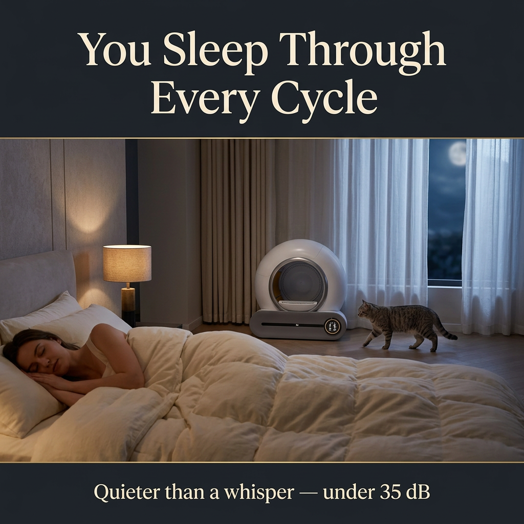 Owner asleep at night while Lumi-Litter Pro runs quietly under 35 dB — You Sleep Through Every Cycle