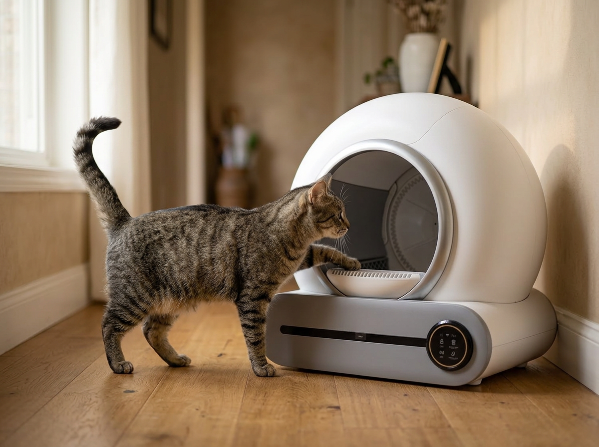 A relaxed tabby cat stepping into the Lumi-Litter Pro entry