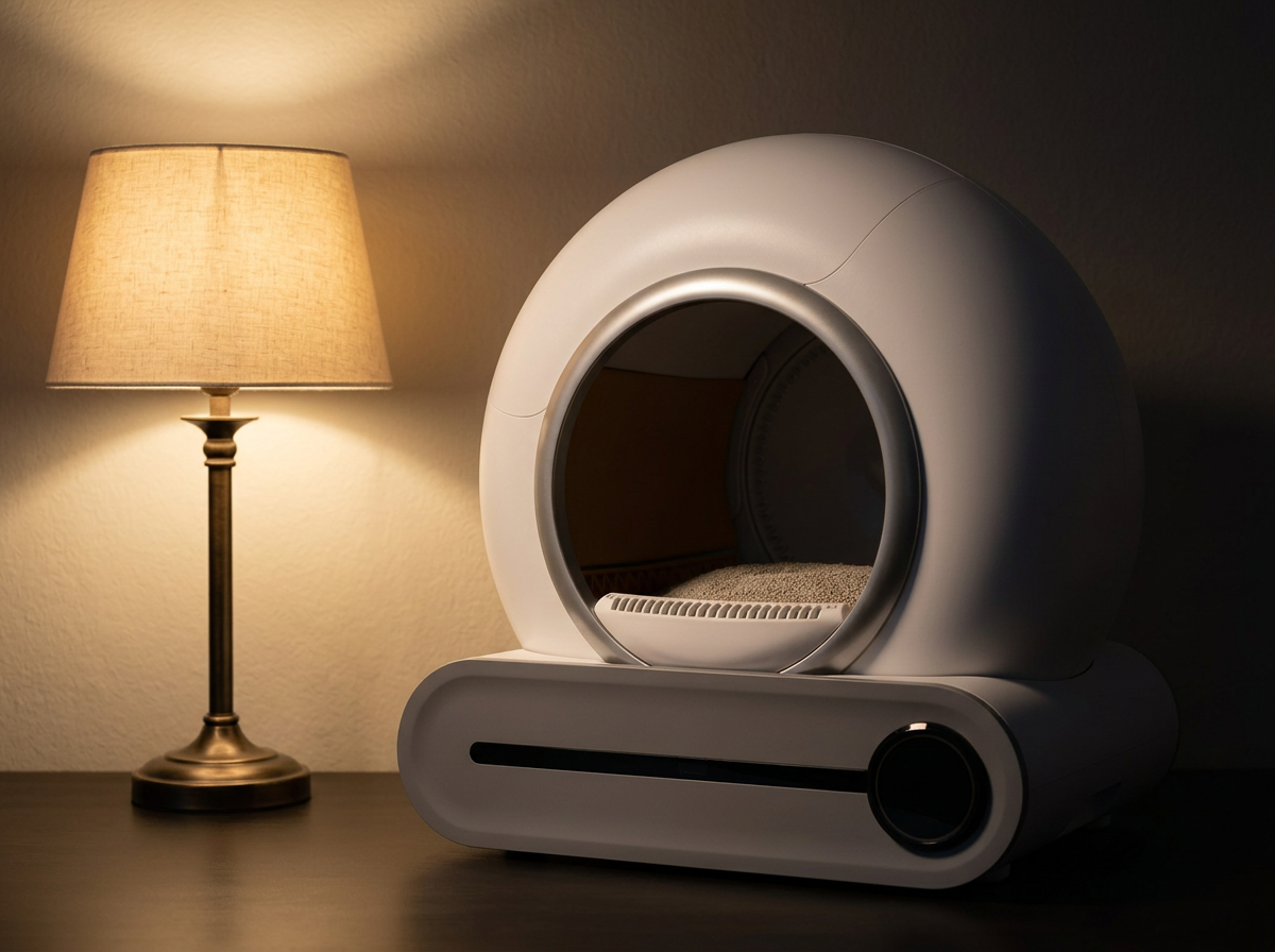 Lumi-Litter Pro in a calm evening room, cleaning quietly with nobody home