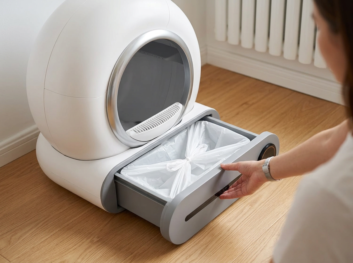 One hand pulling the sealed drawer with a neatly tied liner