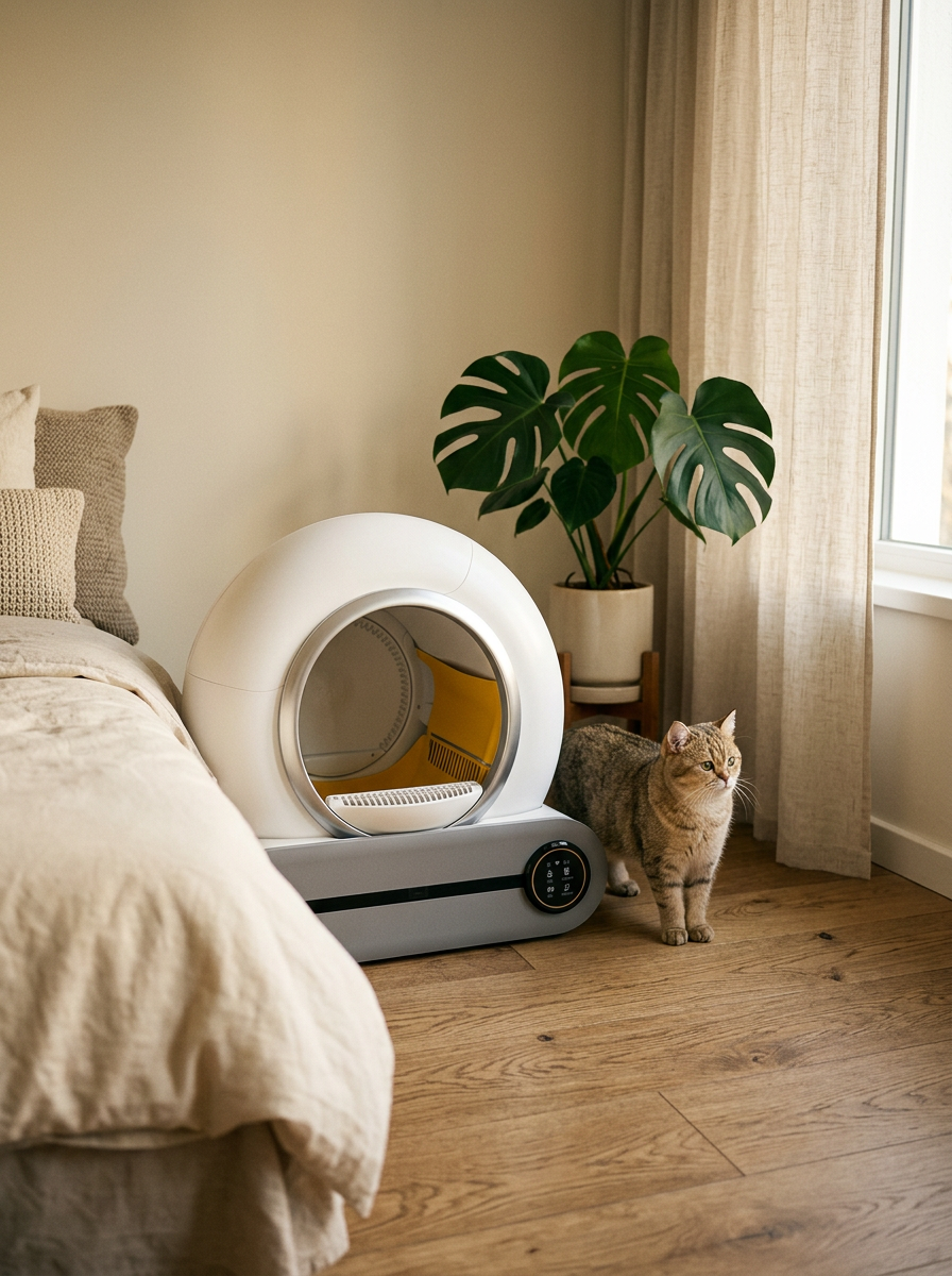 Cat resting beside Lumi-Litter Pro in soft morning light