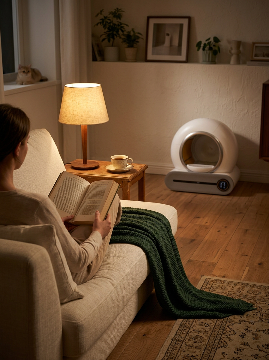 Owner reading in evening lamplight, Lumi-Litter Pro in the background