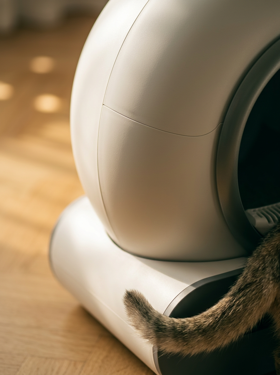 Matte shell detail of Lumi-Litter Pro with a cat tail curled past