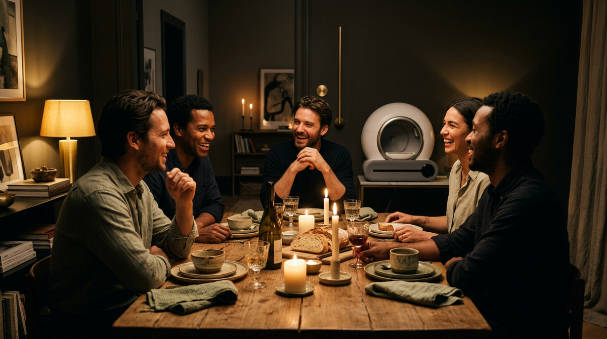 Friends at a candle-lit dinner in a fresh home, Lumi-Litter Pro unobtrusive in the background