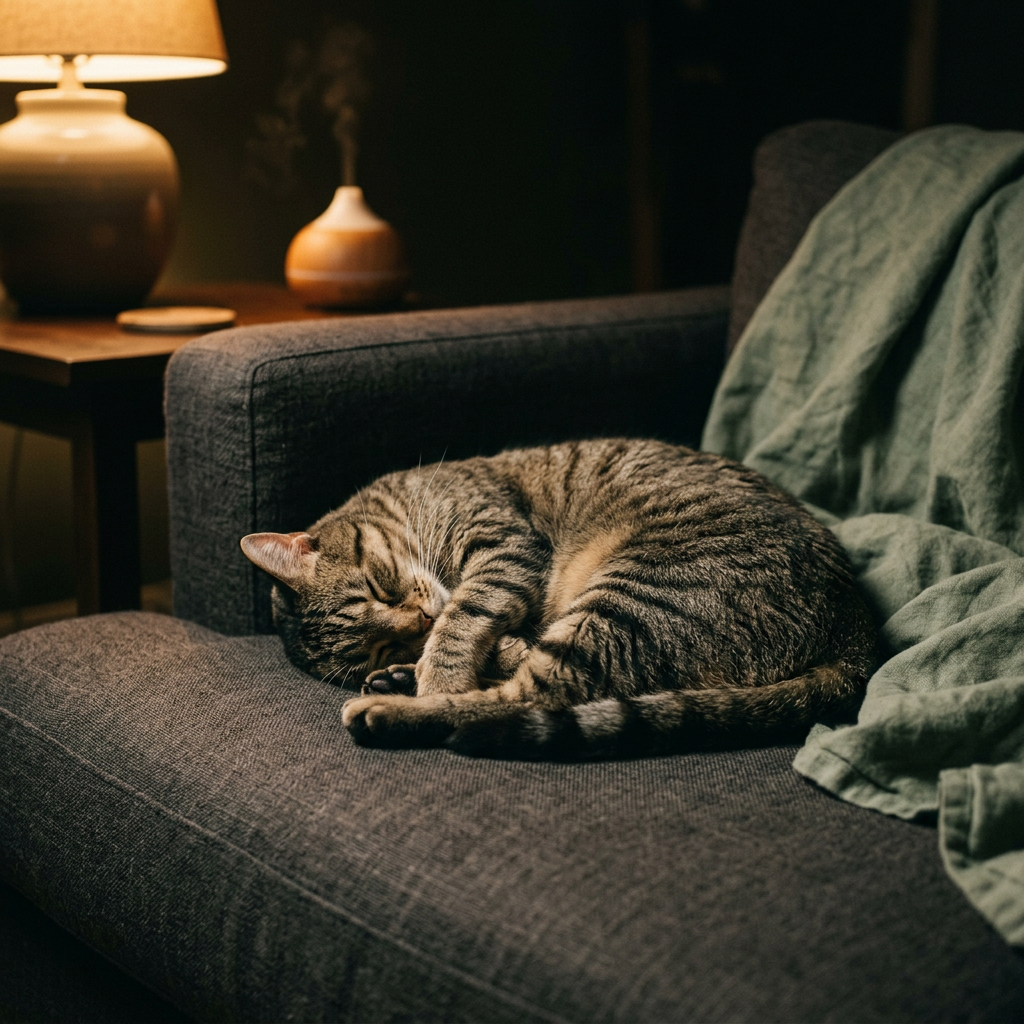 Content cat curled asleep on a sofa in warm evening lamplight