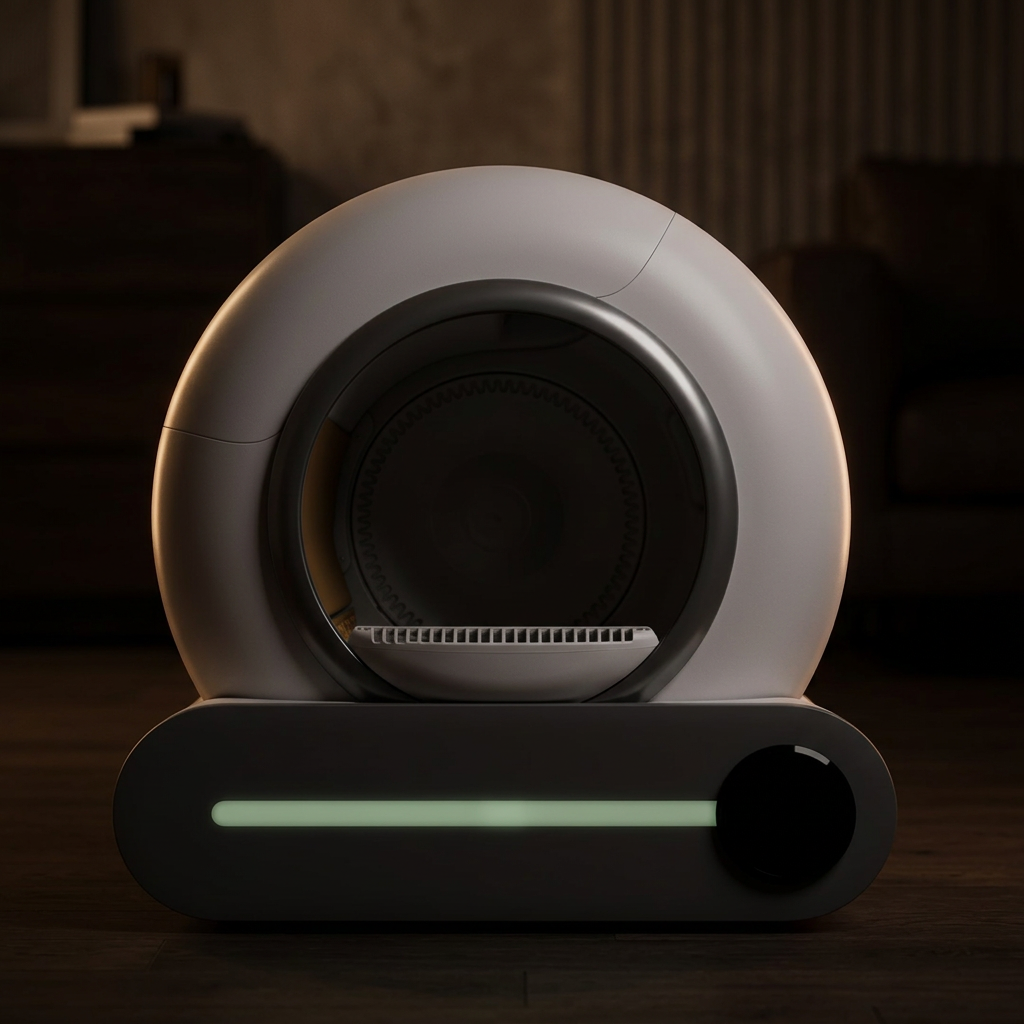 Lumi-Litter Pro at rest in a dim evening room with a soft indicator glow